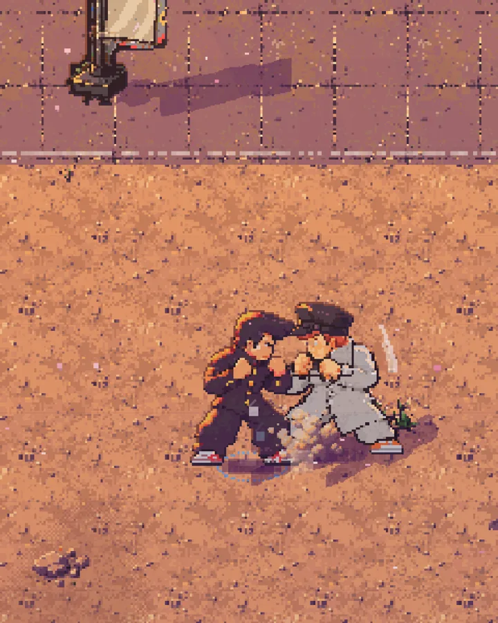 夕焼けの校庭で殴り合う二人(実際のゲーム画面)
